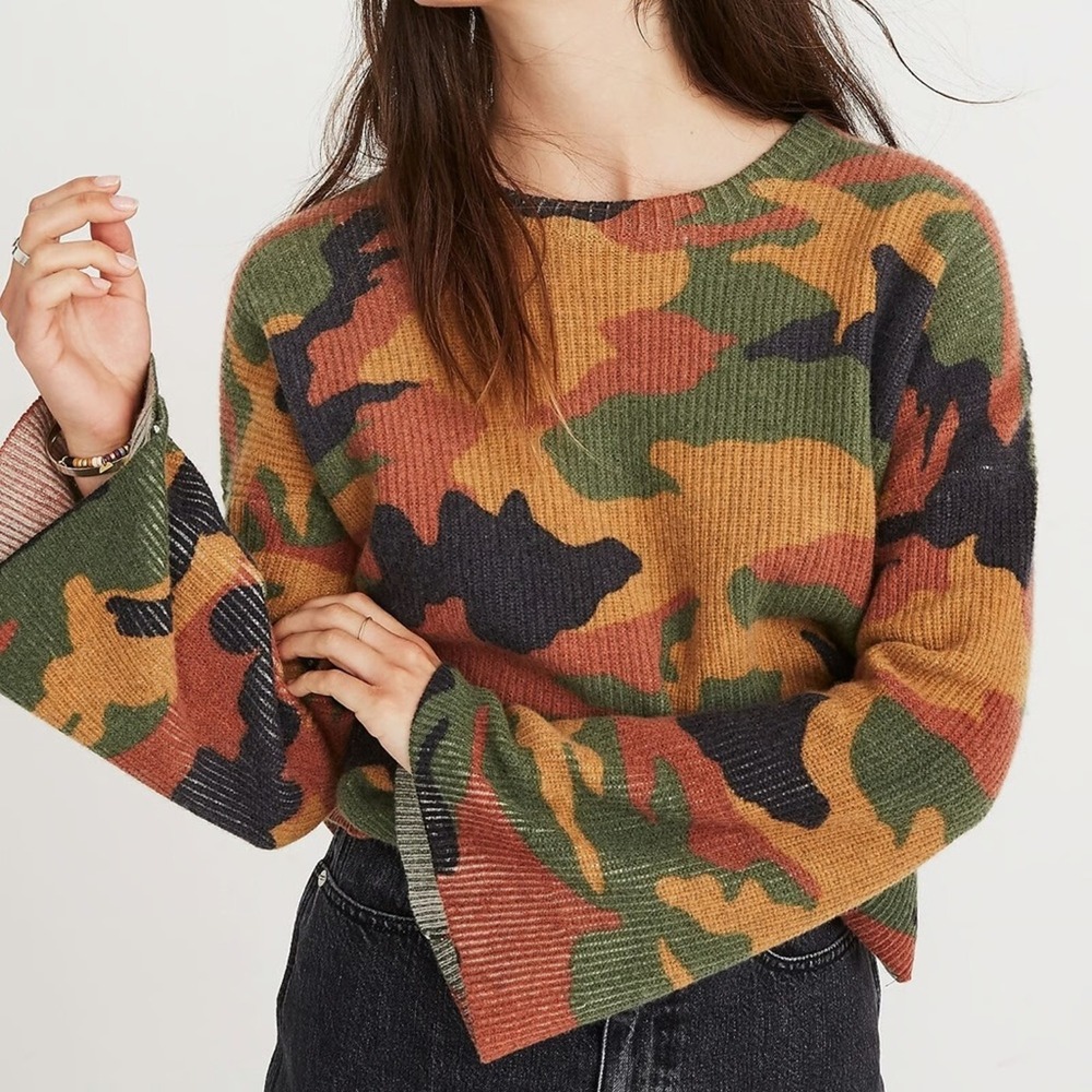 Madewell Sweater Camo 100% Merino Wool Wide Sleeve Cottontail Womens Size Large